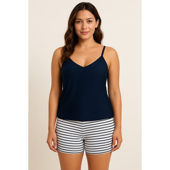 B2PRITY Women's Tankini Swim Set Size S Navy Stripe Shorts Nautical Sporty NWT - Picture 1 of 4